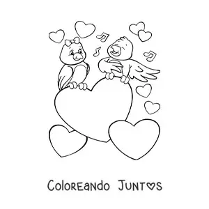 Imagen para colorear de una pareja de aves rodeada con corazones