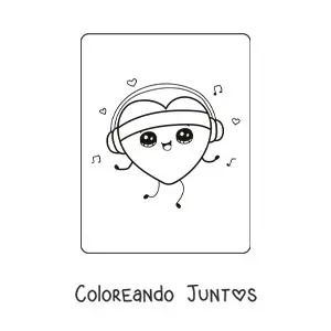Imagen para colorear de un corazón kawaii animado escuchando música