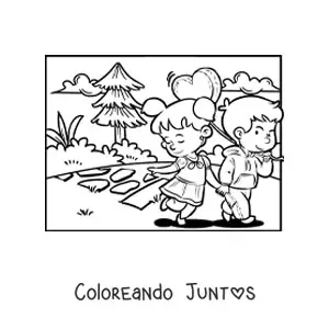 Imagen para colorear de dos niños en  una cita de San Valentín