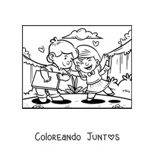 Imagen para colorear de una pareja de niños con regalo de San Valentín
