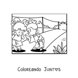 Imagen para colorear de una pareja de niños con carta de San Valentín