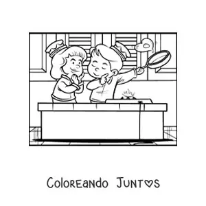 Imagen para colorear de una pareja de niños en desayuno de San Valentín
