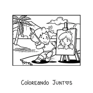 Imagen para colorear de un niño pintando un retrato de San Valentín