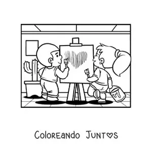 Imagen para colorear de una pareja de niños pintando en San Valentín