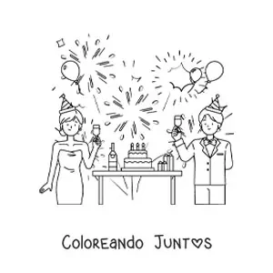 Imagen para colorear de un hombre y una mujer brindando en Año Nuevo con un pastel
