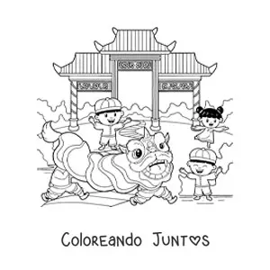 Imagen para colorear de tres niños celebrando el Año Nuevo chino