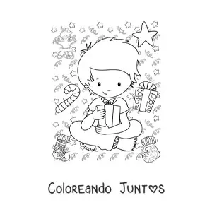 Imagen para colorear de un niño con un regalo de Año Nuevo