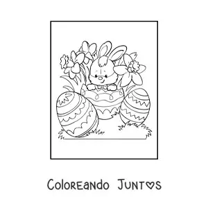 Imagen para colorear de un conejo kawaii con tres huevos de pascua y flores