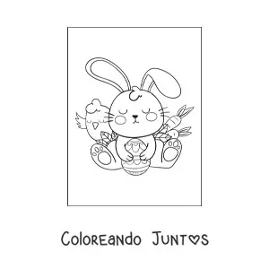 Imagen para colorear de un conejo kawaii con huevos de pascua y zanahorias