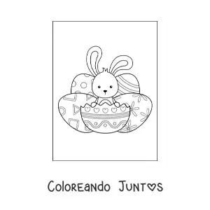 Imagen para colorear de un conejo kawaii entre varios huevos de pascua