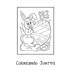 Imagen para colorear de un conejo animado con un huevo de pascua y una mariposa