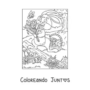 Imagen para colorear de un conejo de pascua con un ramo de flores
