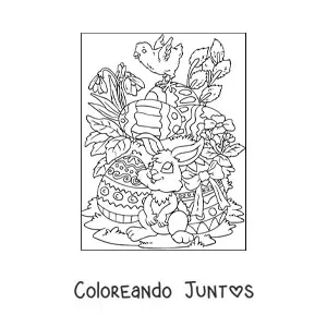 Imagen para colorear del conejo de pascua con huevos y un polluelo