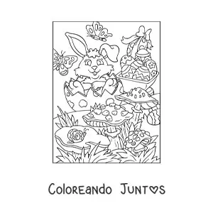 Imagen para colorear de un conejo con cesto de huevos de pascua en el jardín