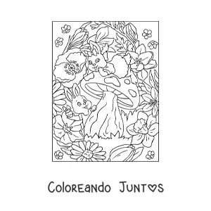 Imagen para colorear de dos conejos animados con huevos de pascua pequeños