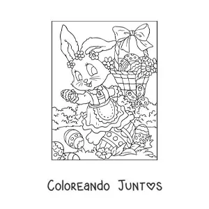 Imagen para colorear de una coneja de pascua repartiendo huevos