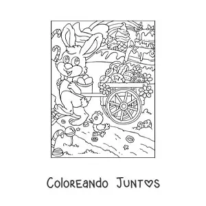 Imagen para colorear de un conejo con una carretilla llena de huevos de pascua