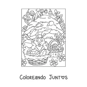 Imagen para colorear de un conejo animado con varios cestos de huevos de pascua