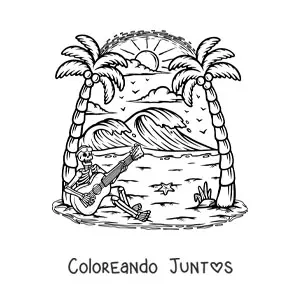 Imagen para colorear de un esqueleto humano animado tocando una guitarra sentado en la playa