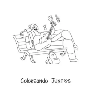 Imagen para colorear de un cantante recostado en un banco tocando la guitarra