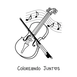 Imagen para colorear de un violín y su arco rodeados de notas musicales