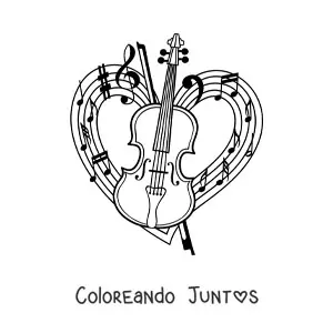 Imagen para colorear de un violín y su arco con un pentagrama en forma de corazón