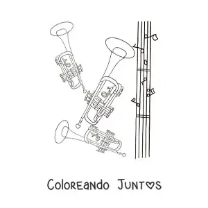 Imagen para colorear de dos trompetas junto a un pentagrama con notas musicales
