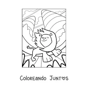 Imagen para colorear de un león animado caminando con la melena al viento en un paisaje natural