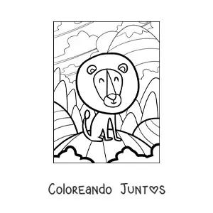 Imagen para colorear de un león animado feliz con una gran melena redonda en su hábitat