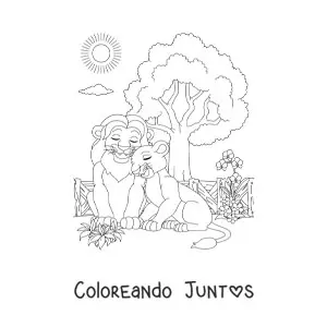 Imagen para colorear de una pareja de leones enamorados juntos en el zoológico