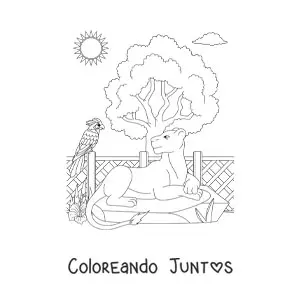 Imagen para colorear de una leona acostada junto a un ave y un árbol en el zoológico