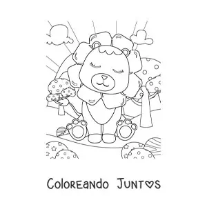 Imagen para colorear de un león tierno con melena florida sentado con ojos cerrados de espaldas al Sol