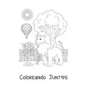 Imagen para colorear de un paisaje de zoológico con un león grande y un globo aerostático