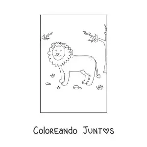 Imagen para colorear de un león tierno sonriente en su hábitat natural