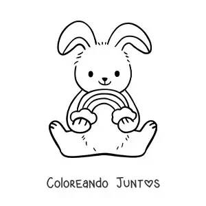 Imagen para colorear de un conejo tierno sentado sosteniendo un arcoiris