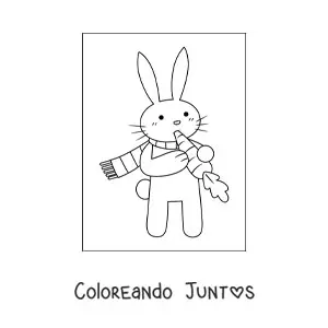 Imagen para colorear de un conejo animado con bufanda comiendo una zanahoria