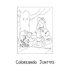 Imagen para colorear de un conejo animado vestido de cartero colocando una carta en un buzón