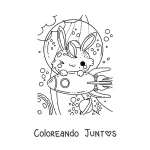 Imagen para colorear de un conejo animado sujetado a un cohete en el espacio