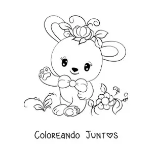 Imagen para colorear de un conejo kawaii animado rodeado de flores