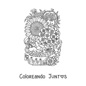Imagen para colorear de dos conejos animados pequeños en un canasto de flores con un gato