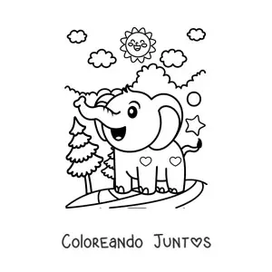 Imagen para colorear de un elefante bebé kawaii con estrellas y corazones en un paisaje de selva