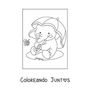 Imagen para colorear de un elefante bebé kawaii sentado bajo una sombrilla viendo una mariposa