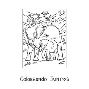 Imagen para colorear de una mamá y un bebé elefante realista caminando en la selva