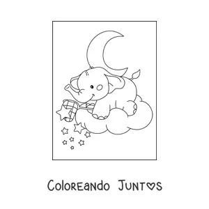 Imagen para colorear de un elefante bebé kawaii sobre una nube atrapando estrellas con una red