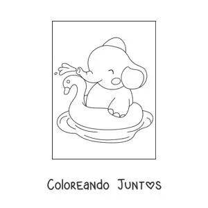 Imagen para colorear de un elefante bebé kawaii feliz con un salvavidas inflable en el agua