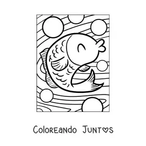 Imagen para colorear de un pez animado feliz nadando en el mar entre burbujas con los ojos cerrados