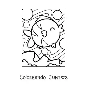 Imagen para colorear de un pez animado feliz nadando entre burbujas en el agua