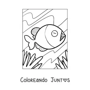 Imagen para colorear de una piraña animada nadando en el fondo del río