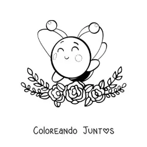Imagen para colorear de una abeja kawaii grande volando sonriente sobre un adorno de flores