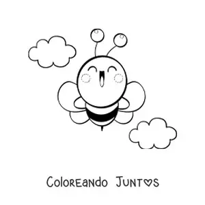 Imagen para colorear de una abeja kawaii grande feliz volando en el cielo con nubes al fondo